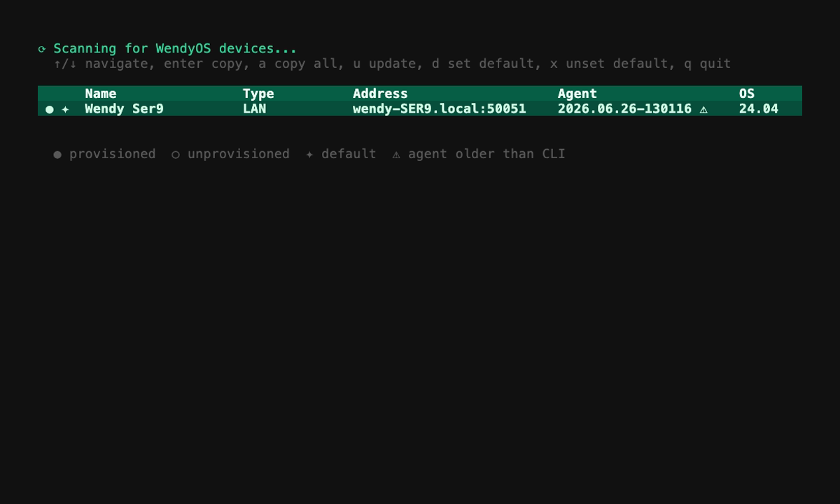 The Wendy CLI listing discovered WendyOS devices on the network