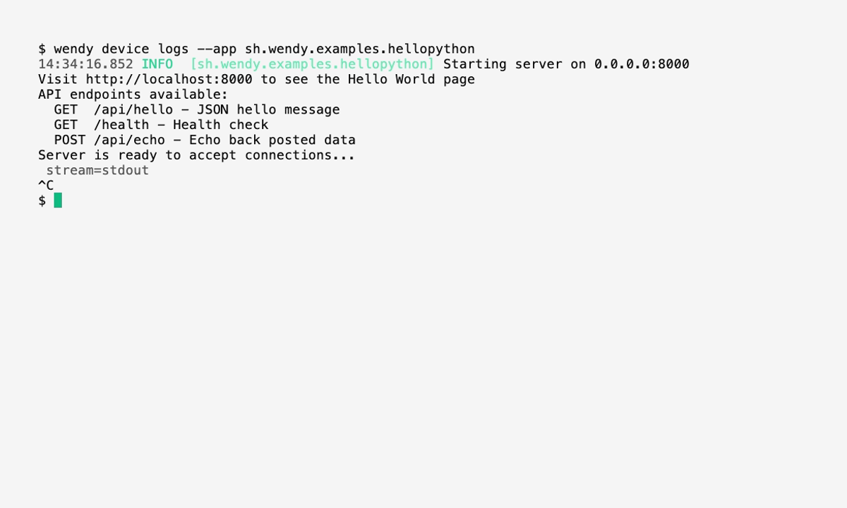 The Wendy CLI streaming logs for a single service of the deployed stack