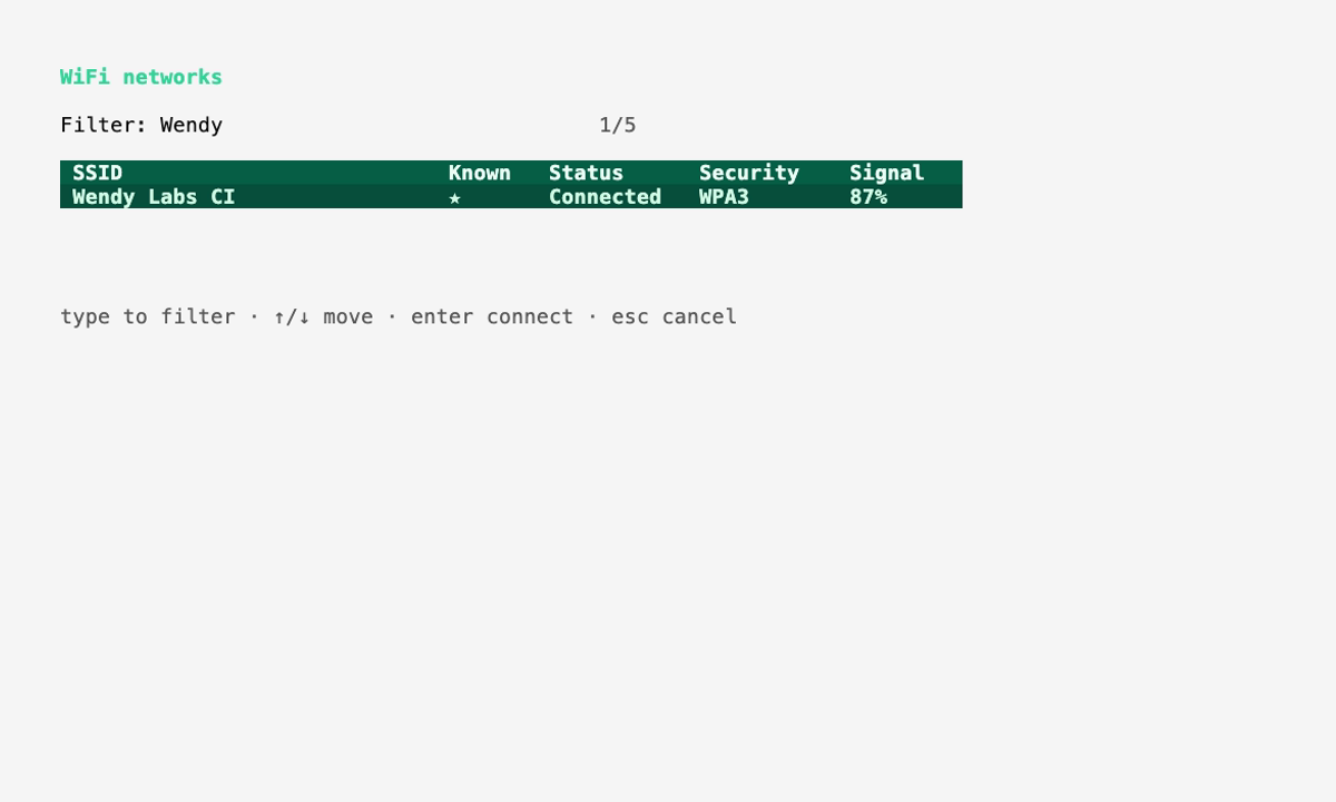The Wendy CLI interactive Wi-Fi network table showing known networks, connection status, security, and signal strength