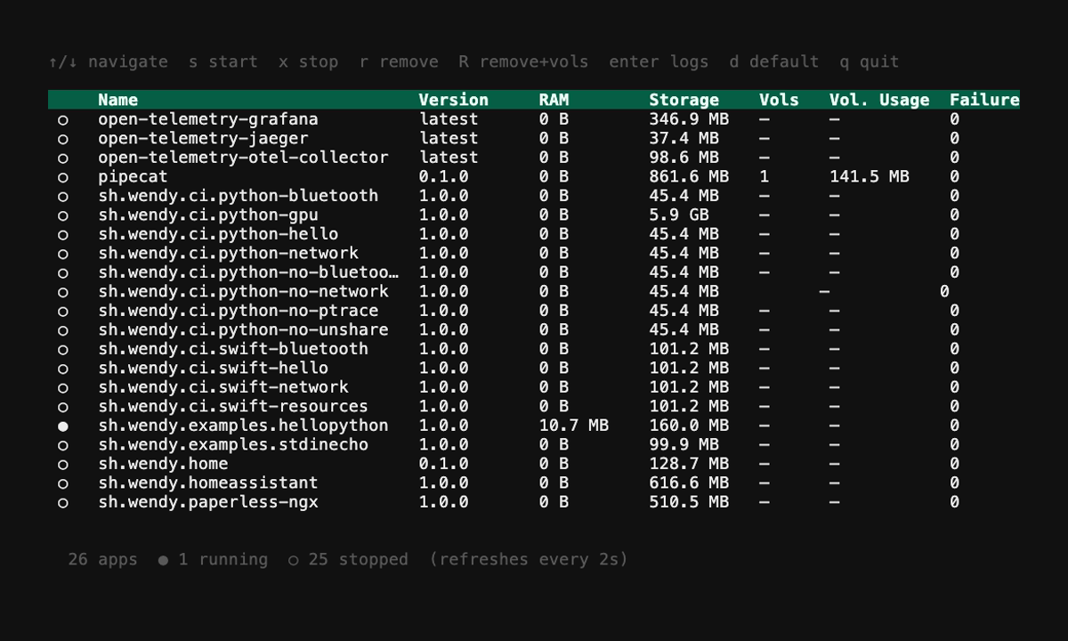 The Wendy CLI listing apps on a WendyOS device with version, state, and failure columns