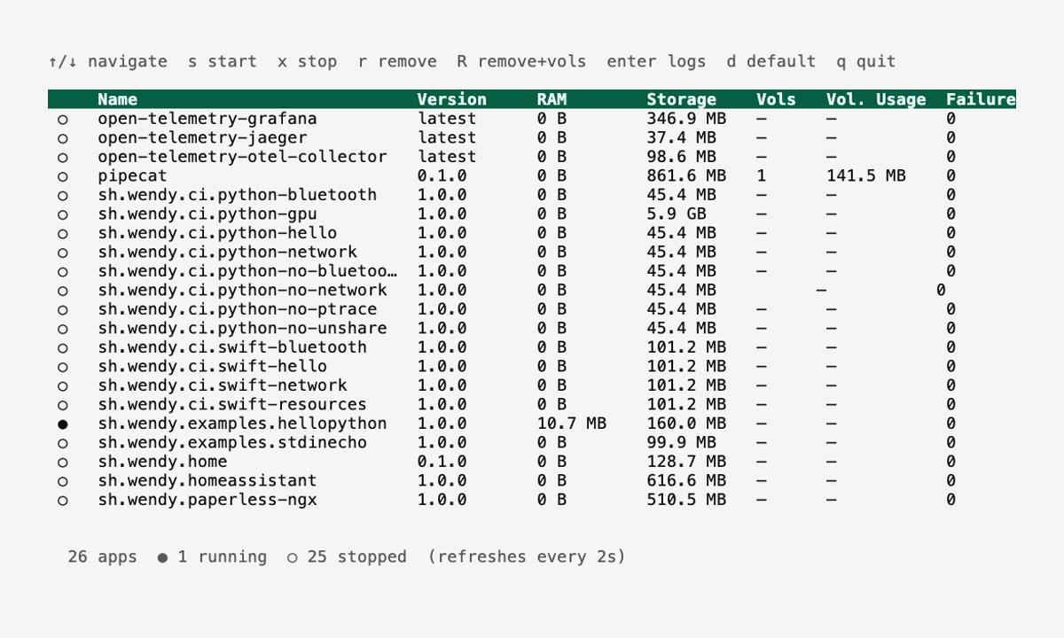 The Wendy CLI listing apps on a WendyOS device with version, state, and failure columns