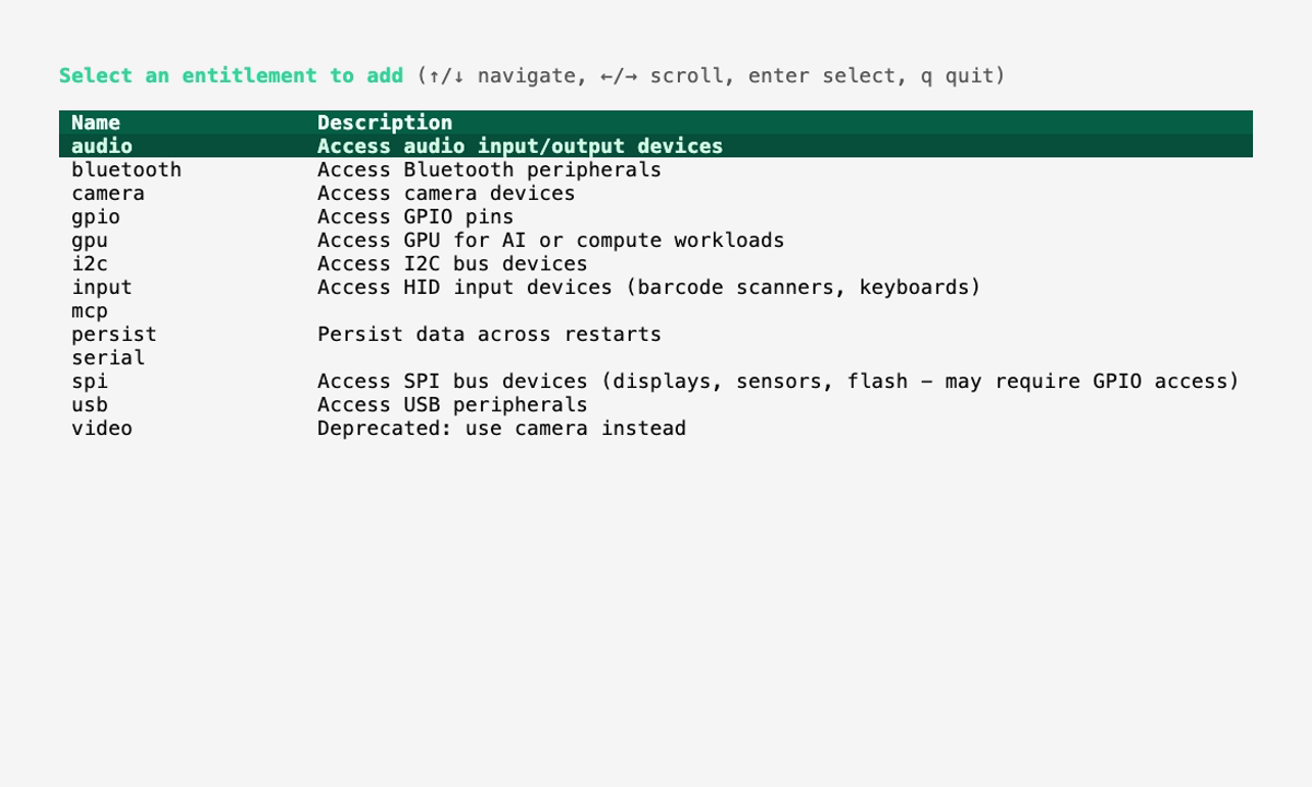 The Wendy CLI interactive menu listing the available entitlements to add, each with a short description