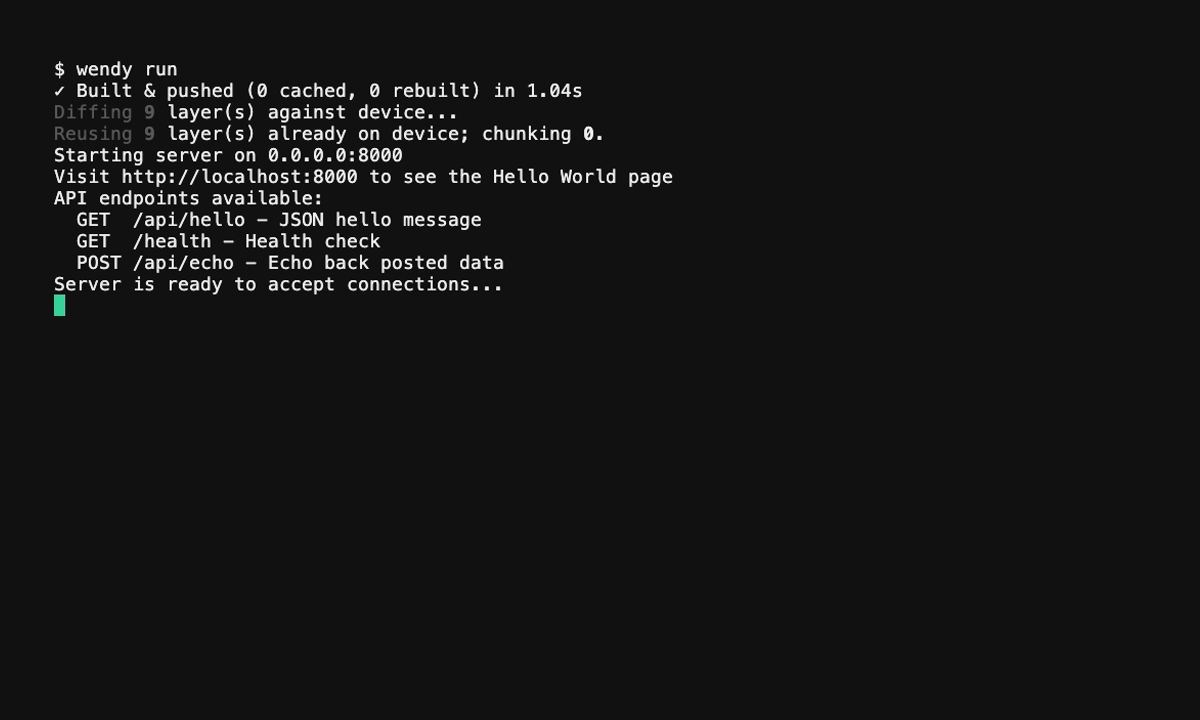 The wendy run command building a native macOS app and deploying it to a Mac target