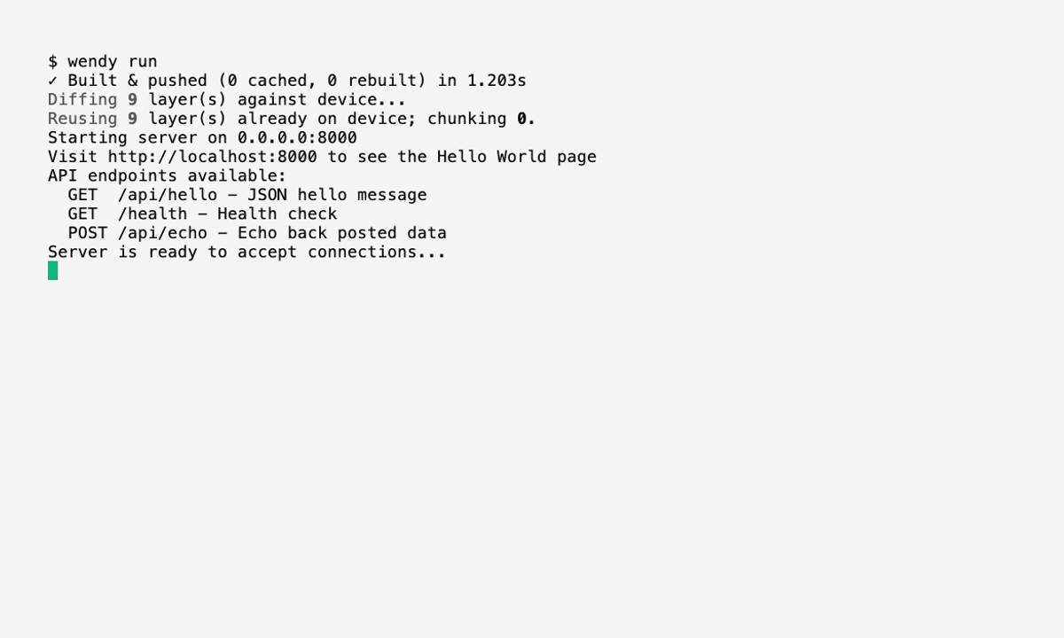 The wendy run command building a native macOS app and deploying it to a Mac target