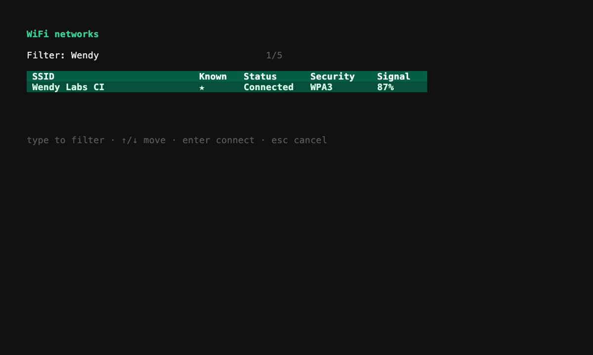 The Wendy CLI interactive Wi-Fi network table showing known networks, connection status, security, and signal strength